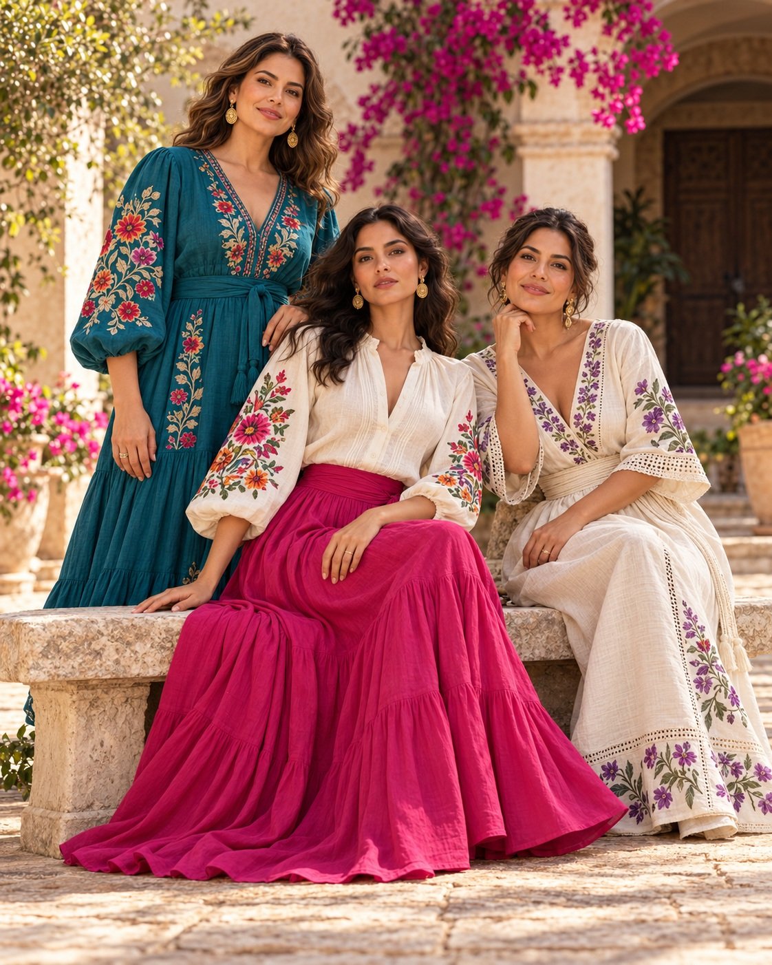 Composición editorial de tres mujeres con prendas de inspiración artesanal