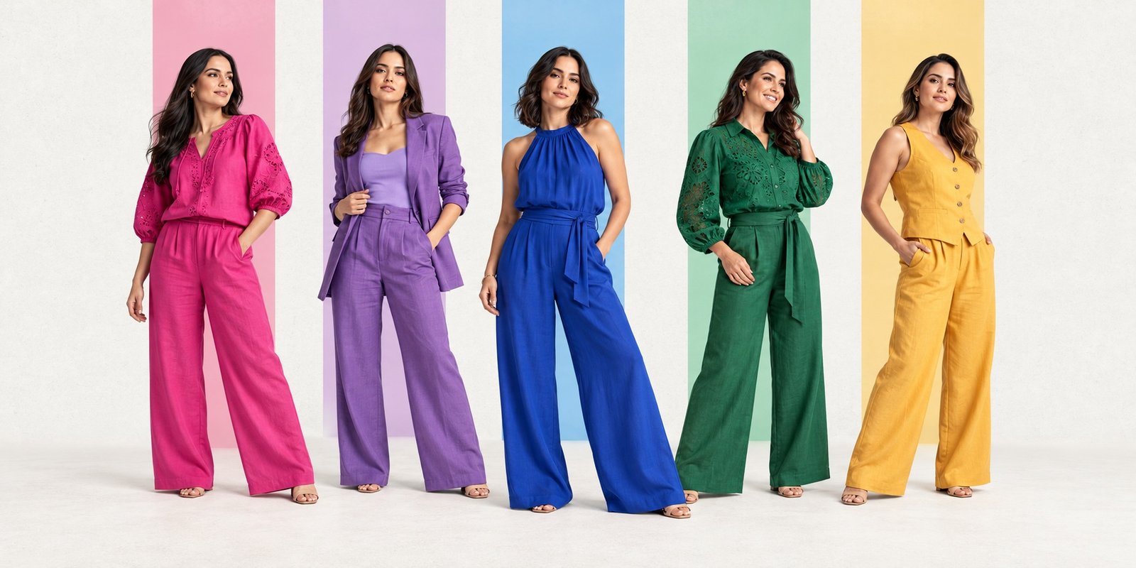 Cinco mujeres con outfits rosa, morado, azul, verde y amarillo frente a franjas verticales de los mismos colores